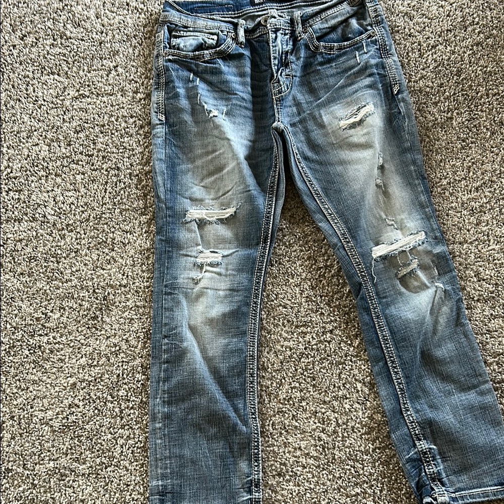 BKE Relaxed Blue Jeans with Vintage Distressing